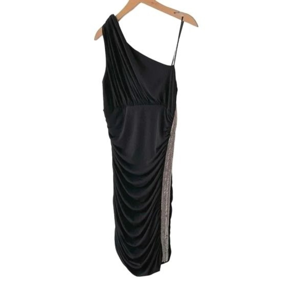 Max and Cleo One Shoulder Dress 12 Black Ruched Rhinestone Trim Bodycon Cocktail